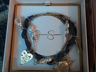 Jessica Simpson Gold-Tone Denim and Faux Pearl Charm Bracelet