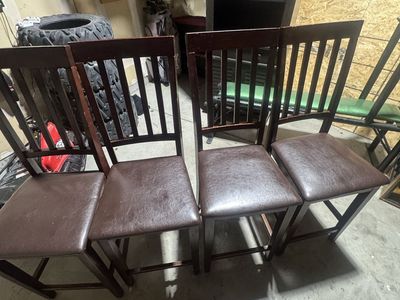 Set of 4 Wooden Bar Stools with Brown Faux Leather Seats