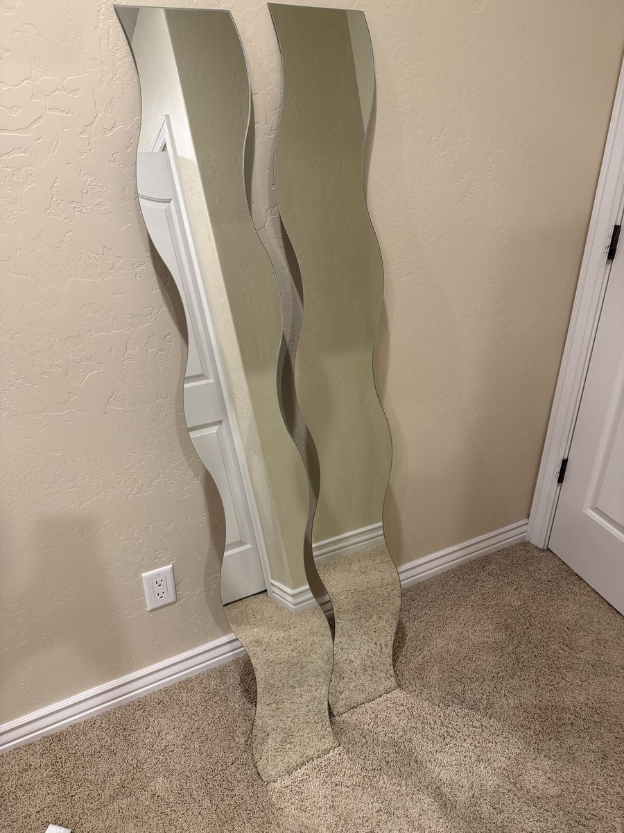 Pair of Modern Wavy Frameless Mirrors - 63"H x 8"W, Contemporary Design, Good Condition