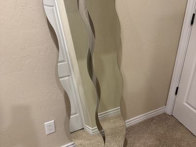 Pair of Modern Wavy Frameless Mirrors - 63"H x 8"W, Contemporary Design, Good Condition