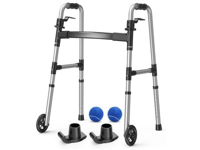 Folding Walker, 2 Precut Tennis Balls, 5" Wheels Lightweight, Supports Up to 350 Pounds, Adjustable Height