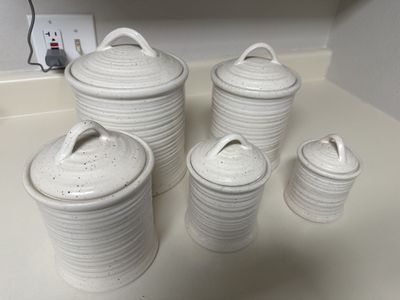 Ceramic Kitchen Canister Set - 5pc White Speckled Ribbed Jars with Lids, Various Sizes