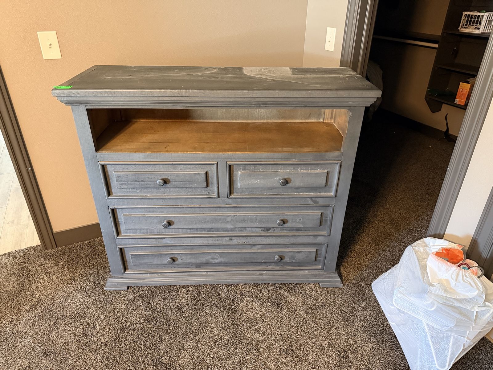 Rustic Gray Wood Dresser with 4 Drawers & Open Shelf - Storage Cabinet