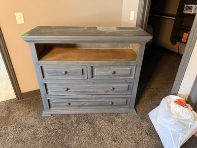 Rustic Gray Wood Dresser with 4 Drawers & Open Shelf - Storage Cabinet
