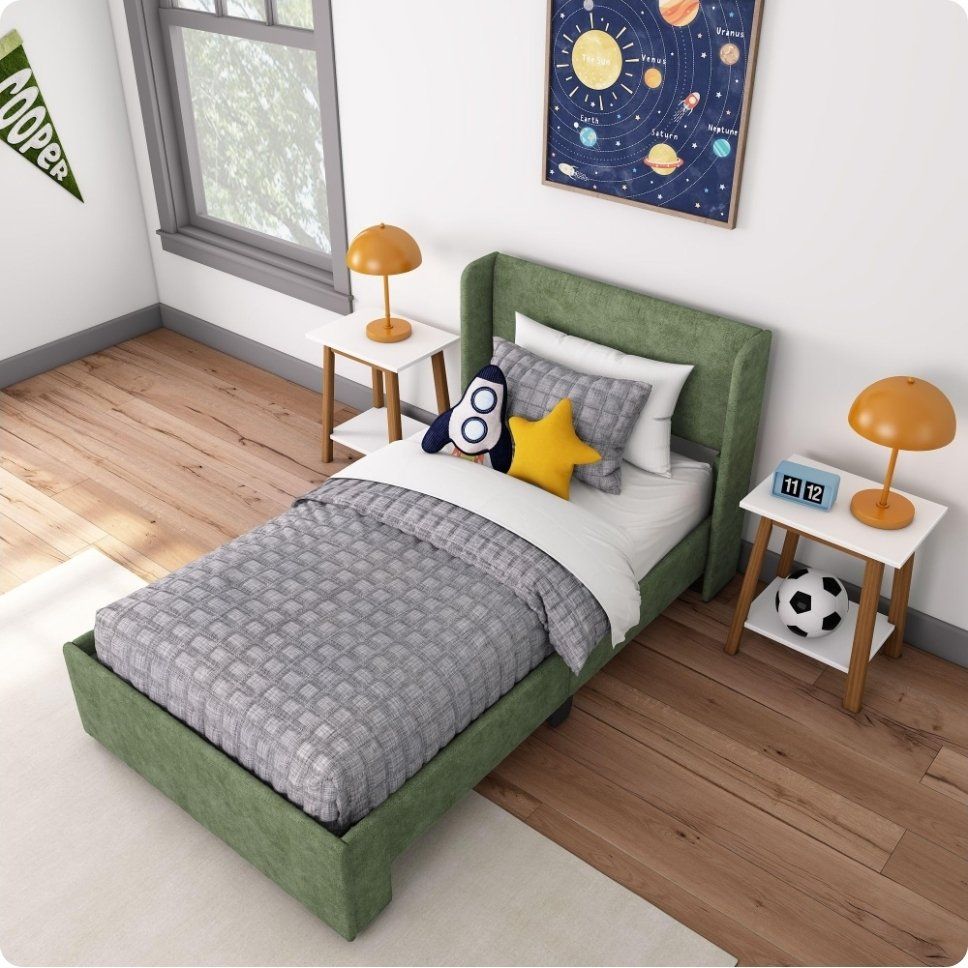 Upholstered Twin Bed Frame, Green