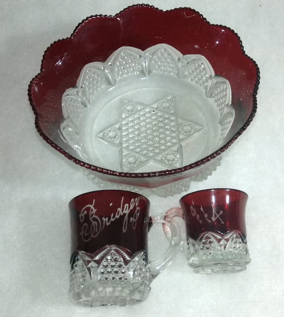 RARE 1914 ANTIQUE Cache Valley Ruby Red Etched Bridger glassware 3 pcs set