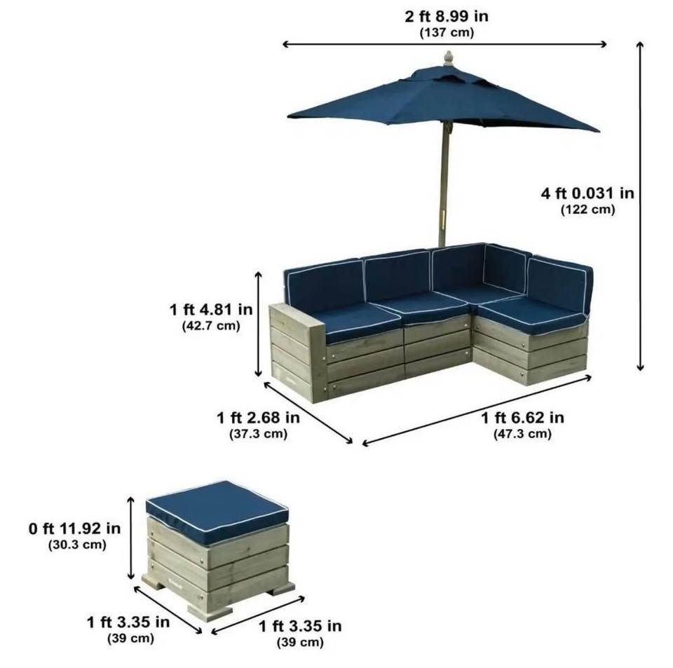 Brand New Kids Outdoor Sectional & Ottoman Set + Umbrella – Blue