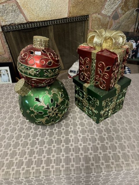 Set of 2 Stacked Christmas Holiday Decor Pieces - Ornaments and Gift Boxes