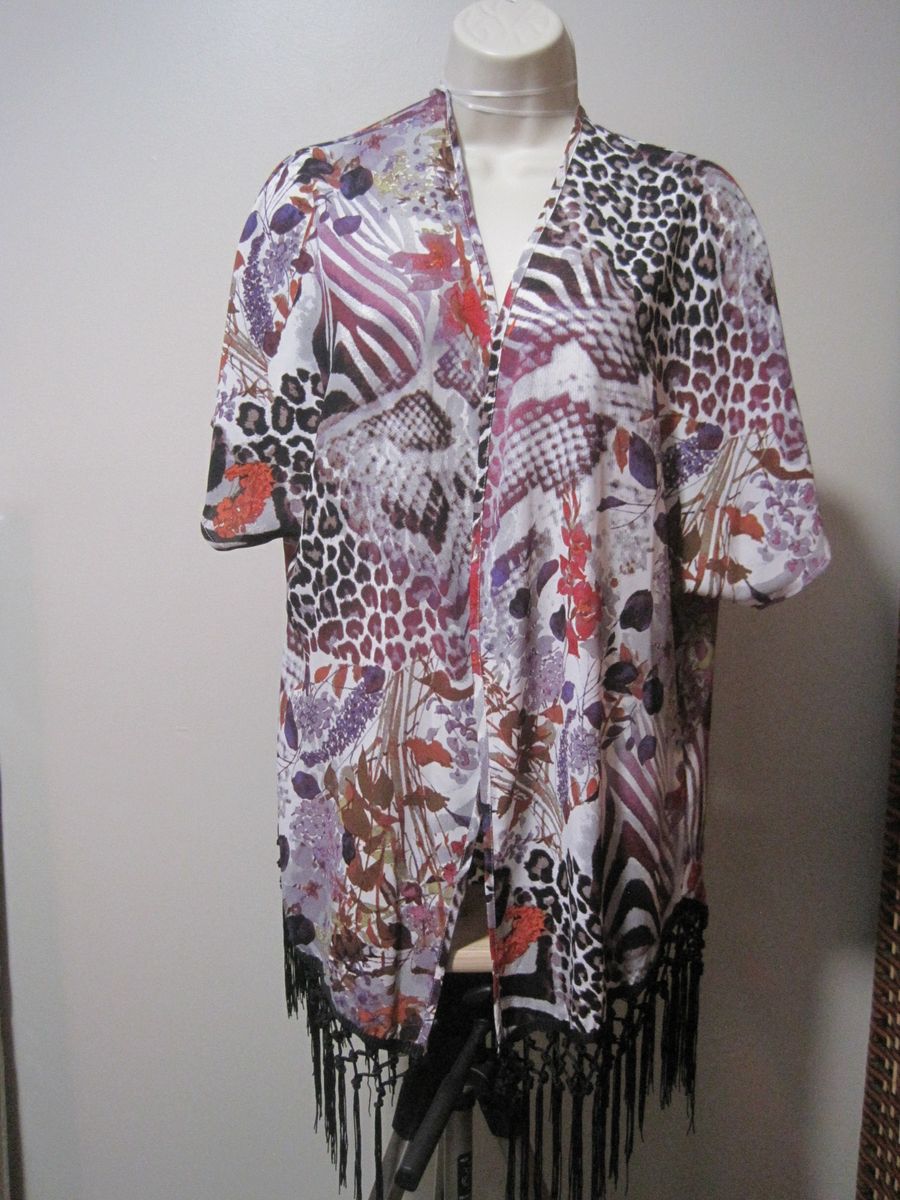 Fever Womens Medium Purple Floral Cap Sleeve Open Front Black Fringe Kimono Top