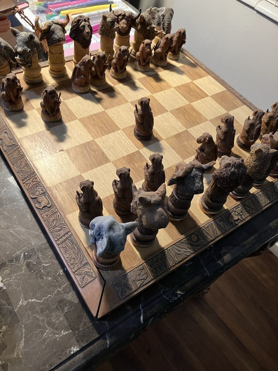 Unique African Animal Chess Set - Hand-Carved "Big 5" Pieces on Wood Board