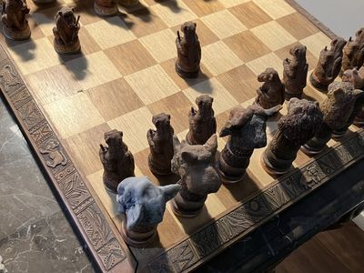 Unique African Animal Chess Set - Hand-Carved "Big 5" Pieces on Wood Board