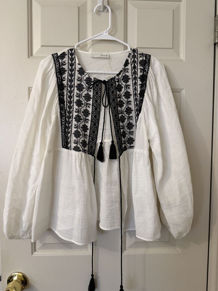 Zara Embroidered Boho Long Sleeve Blouse White Black Tassel Tie Top Size Medium