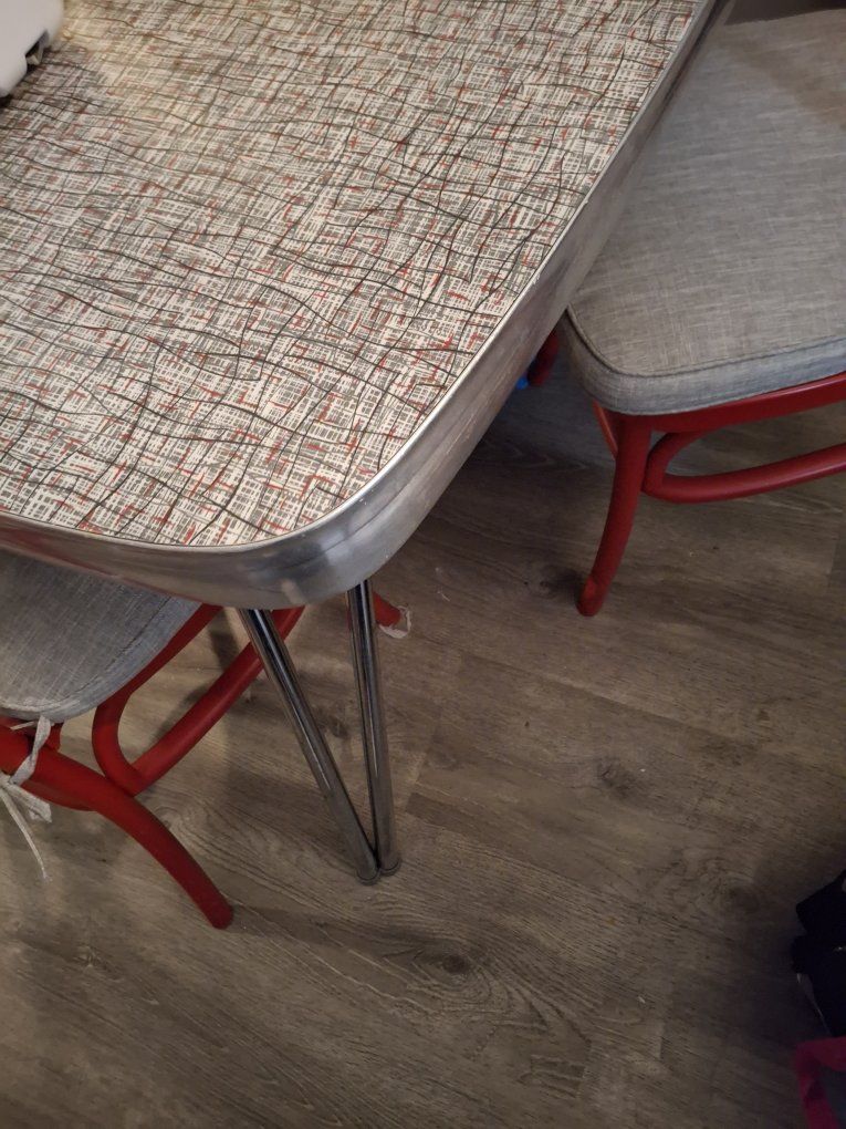 Vintage Mid-Century Modern Chrome Dining Chairs - Set of 4, White/Grey Patterned Upholstery