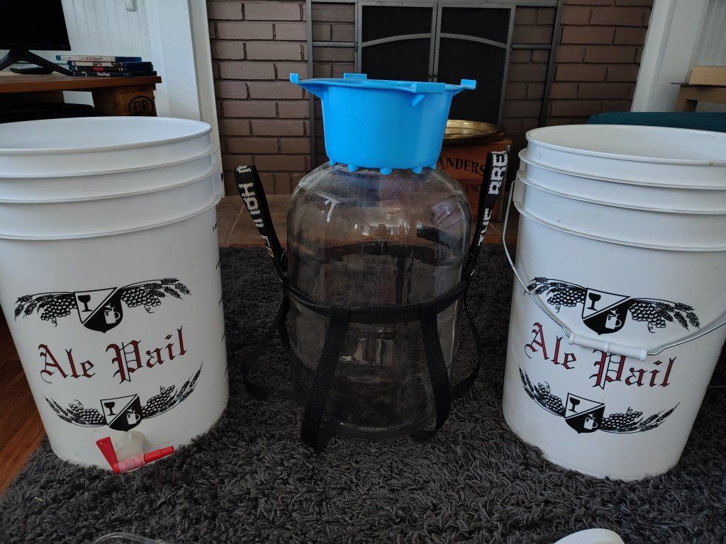Ale Pail Homebrewing Kit: 2 White Buckets & 1 Glass Carboy w/ Harness, Blue Funnel