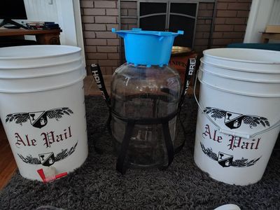 Ale Pail Homebrewing Kit: 2 White Buckets & 1 Glass Carboy w/ Harness, Blue Funnel