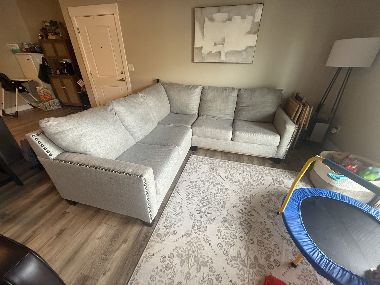 2-Piece Sectional Sofa - Light Gray Fabric with Nailhead Trim
