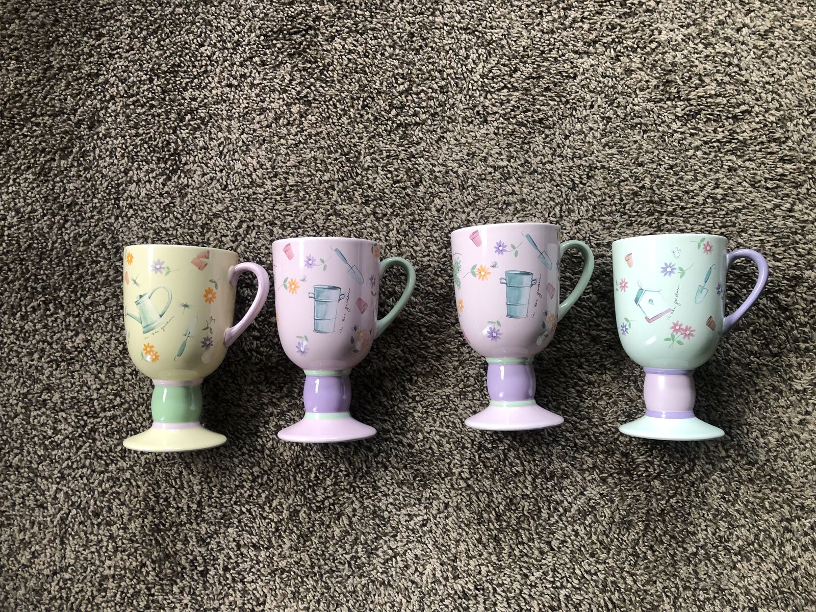 2002 Pfaltzgraff Designer STONEWARE "Flower Garden" Pedestal Mugs LOT OF 4