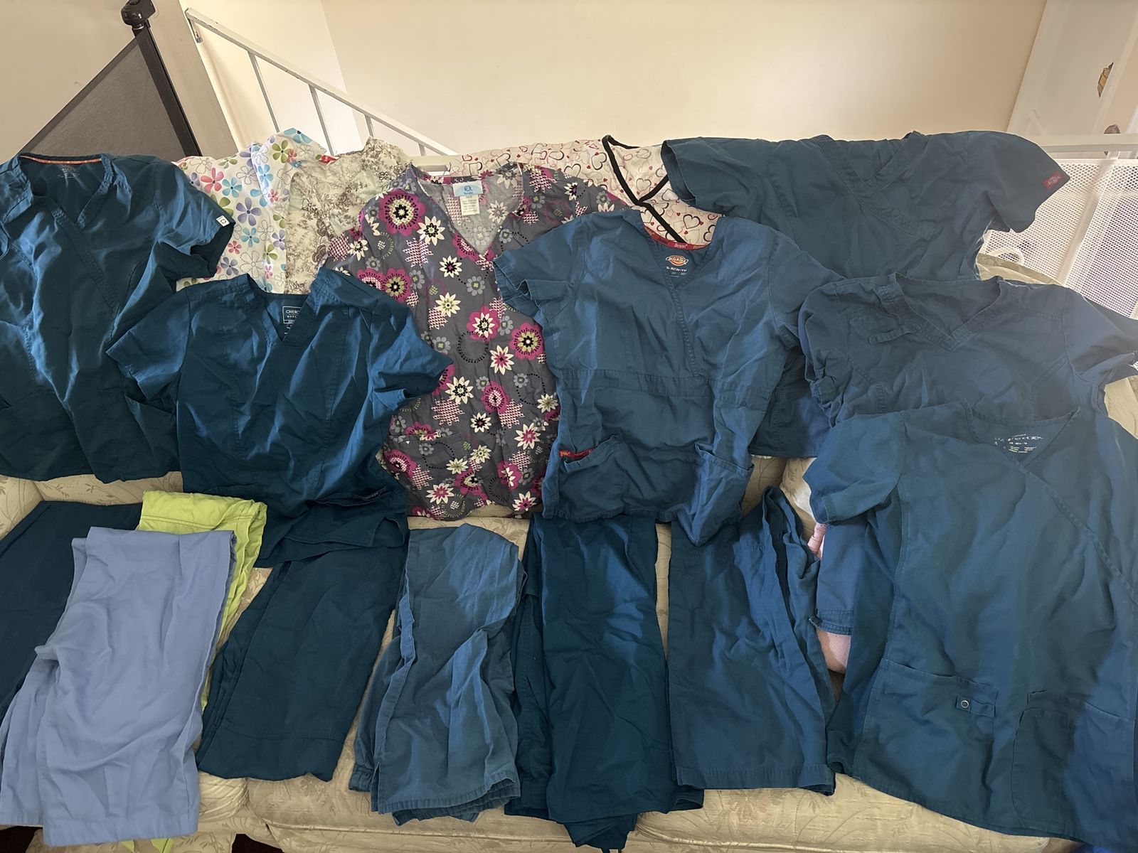 Cherokee & Dickies Women's Scrub Lot: Small/XS Tops, Small/Medium Cargo Pants - Caribbean Blue & Prints