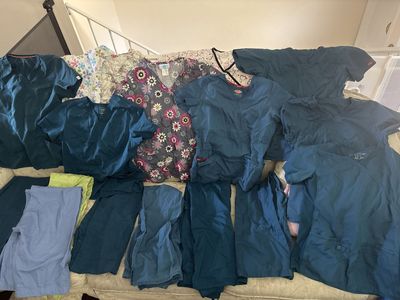 Cherokee & Dickies Women's Scrub Lot: Small/XS Tops, Small/Medium Cargo Pants - Caribbean Blue & Prints