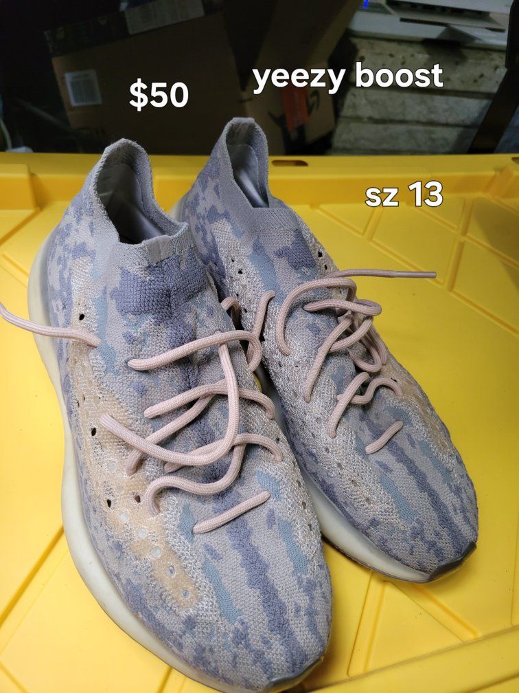 Yeezy Boost Size 13 Sneakers -Olive/ Tan Camo Pattern, Tan Laces
