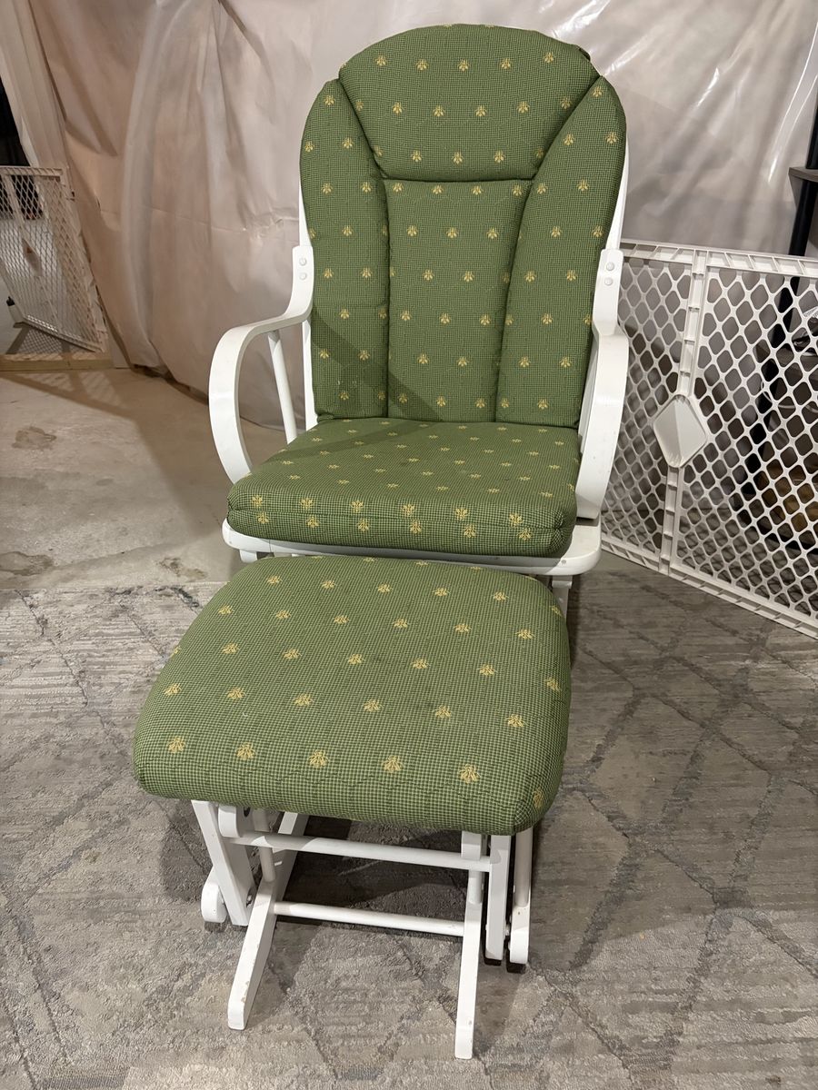White Wood Glider Rocking Chair with Ottoman and Green Bee Print Cushions