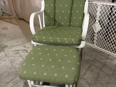 White Wood Glider Rocking Chair with Ottoman and Green Bee Print Cushions