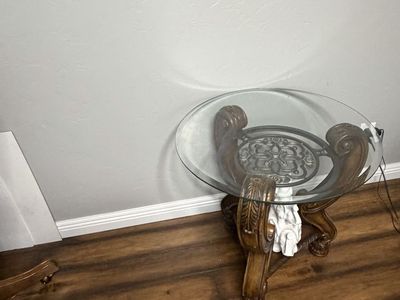 Ornate Carved Wood Round Glass Top End Table Side Table