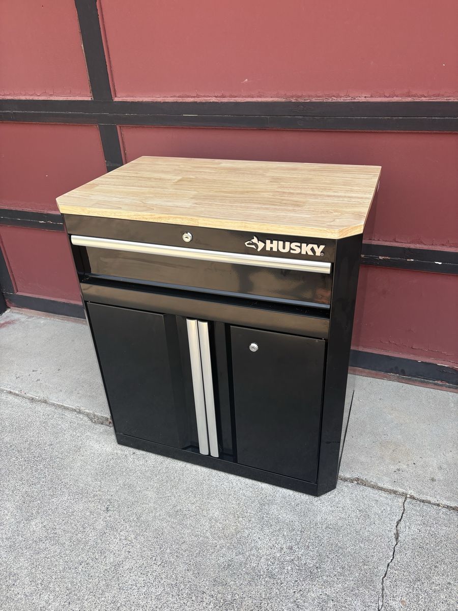 Husky Black Tool Storage Cabinet with Wood Top Work Bench Surface