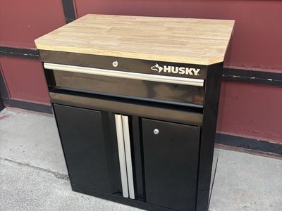 Husky Black Tool Storage Cabinet with Wood Top Work Bench Surface
