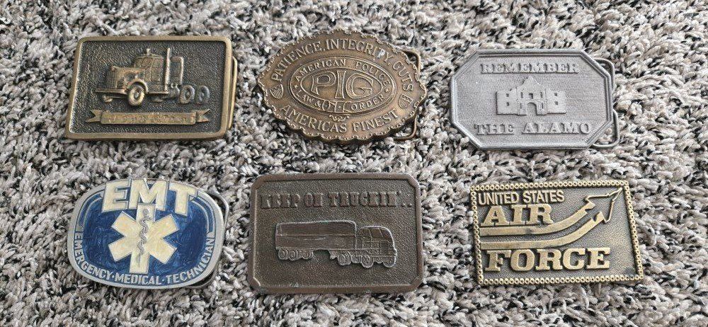 Vintage Belt Buckle Lot: EMT, Trucker, United States Air Force, P.I.G., The Alamo, Trucking