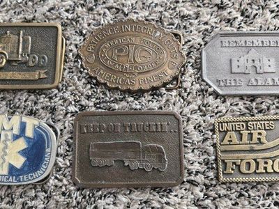 Vintage Belt Buckle Lot: EMT, Trucker, United States Air Force, P.I.G., The Alamo, Trucking