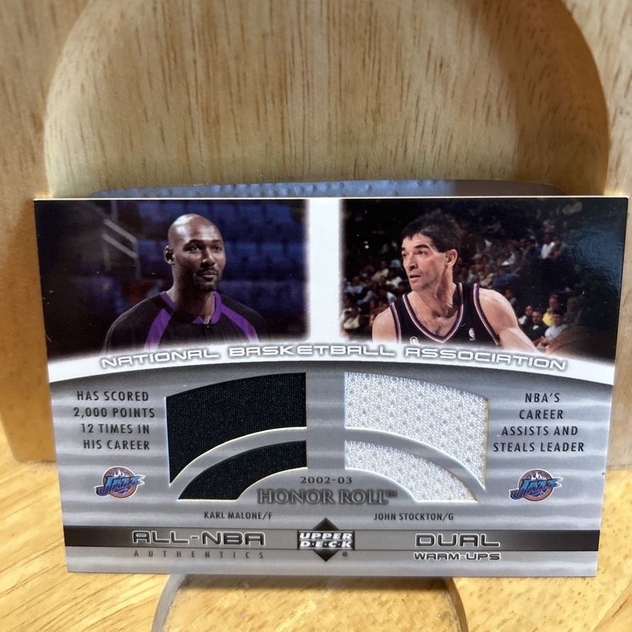 2002-03 Upper Deck Honor Roll Dual Warm-Ups Karl Malone John Stockton NBA Card UTAH JAZZ NBA GAME USED JERSEY
