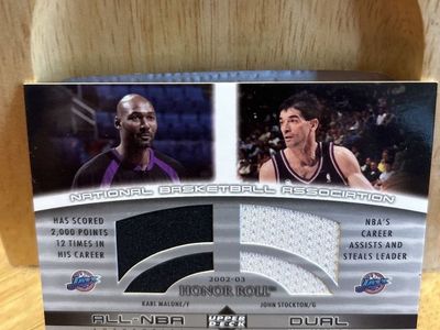 2002-03 Upper Deck Honor Roll Dual Warm-Ups Karl Malone John Stockton NBA Card UTAH JAZZ NBA GAME USED JERSEY