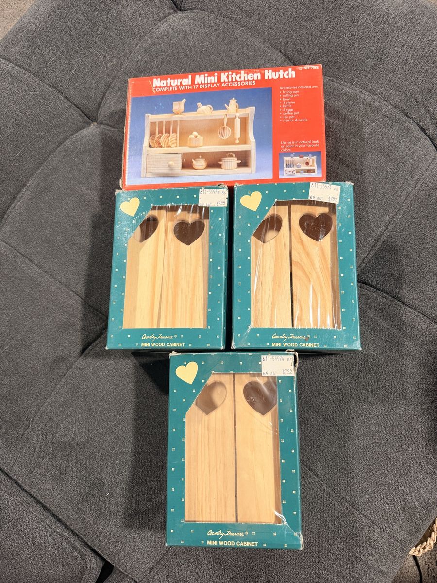 Natural Mini Wood Dollhouse Furniture Set - Kitchen Hutch & 3 Mini Cabinets