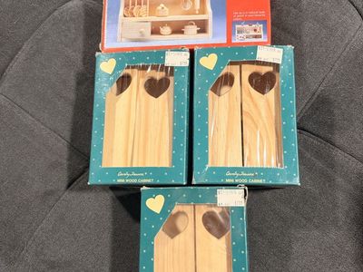 Natural Mini Wood Dollhouse Furniture Set - Kitchen Hutch & 3 Mini Cabinets