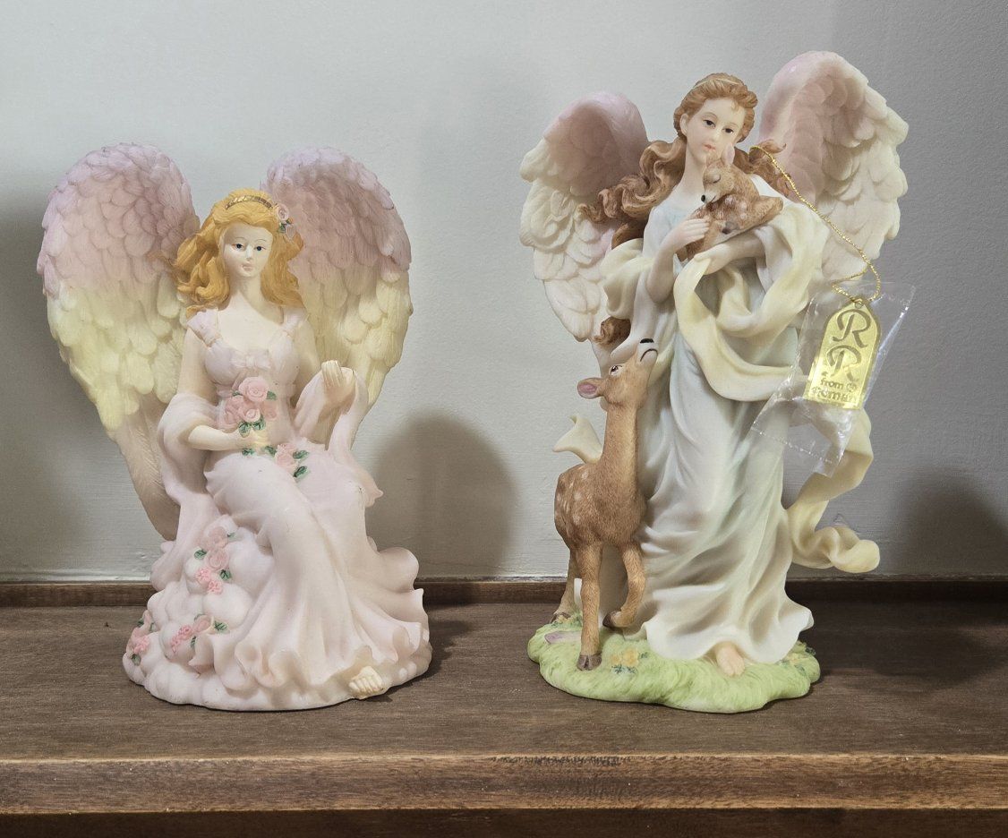 Roman, Inc. Angels Figurines Set: "A Prayer for Peace" & "Angel with Fawn" - Serene Decor