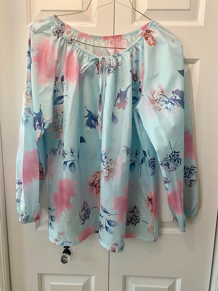 NEW! W/O Tags Plus Size 2XL Floral Print Regular Blouse - Light Blue, Pink, & Purple Cotton Blend- C PIX