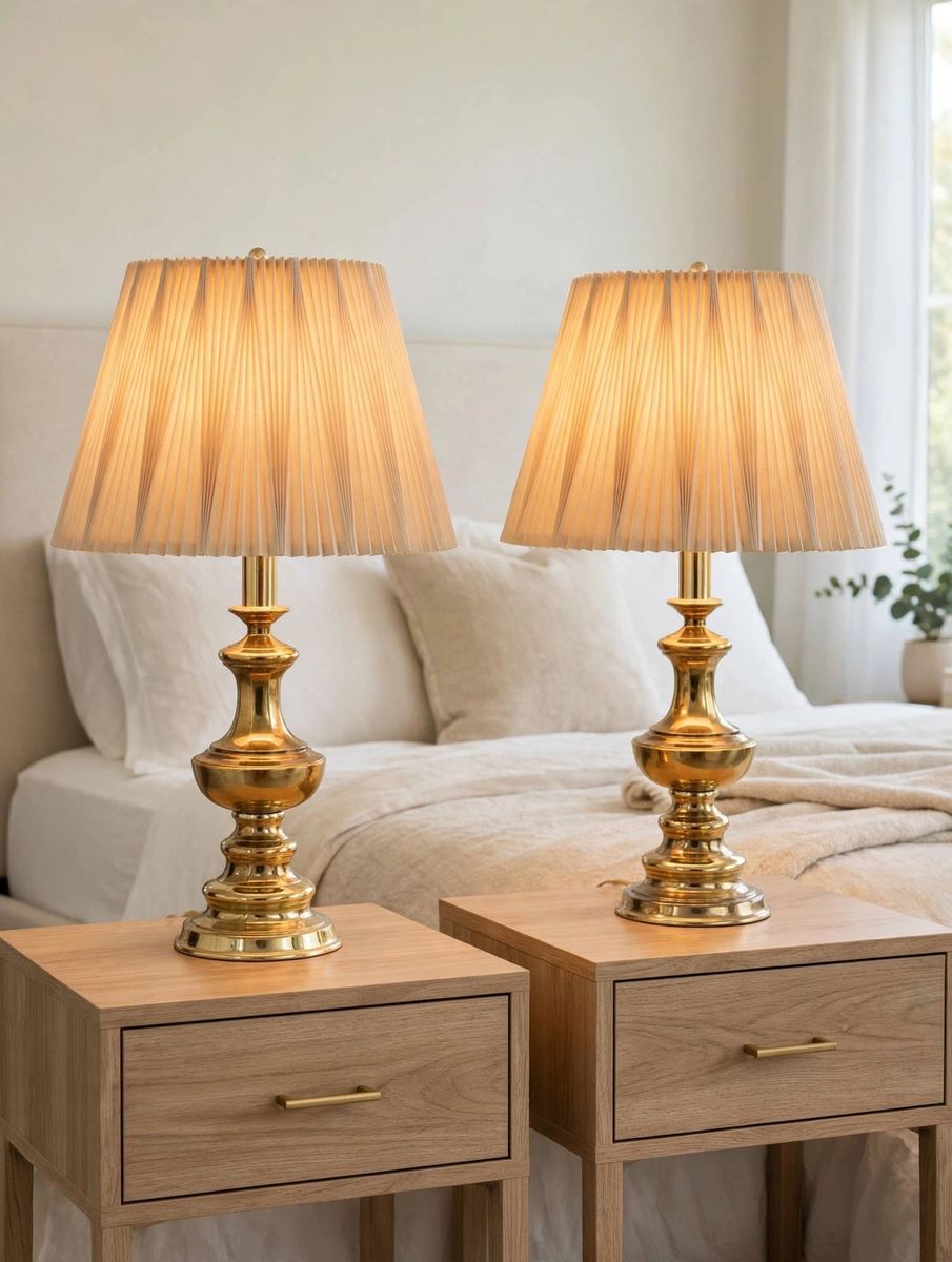 Pair of Vintage Brass Table Lamps with Pleated Shades - 28" Tall