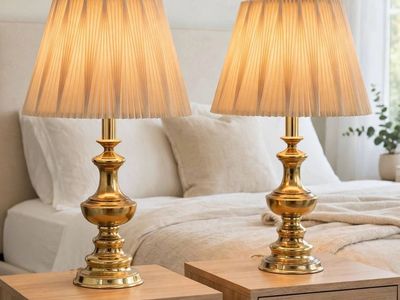 Pair of Vintage Brass Table Lamps with Pleated Shades - 28" Tall