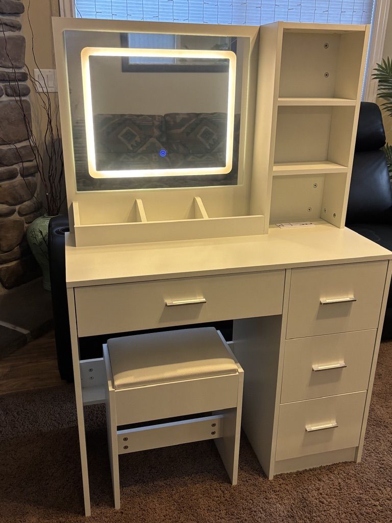 NEW--WHITE WOOD VANITY DESK WITH LED LIGHTED MIRROR