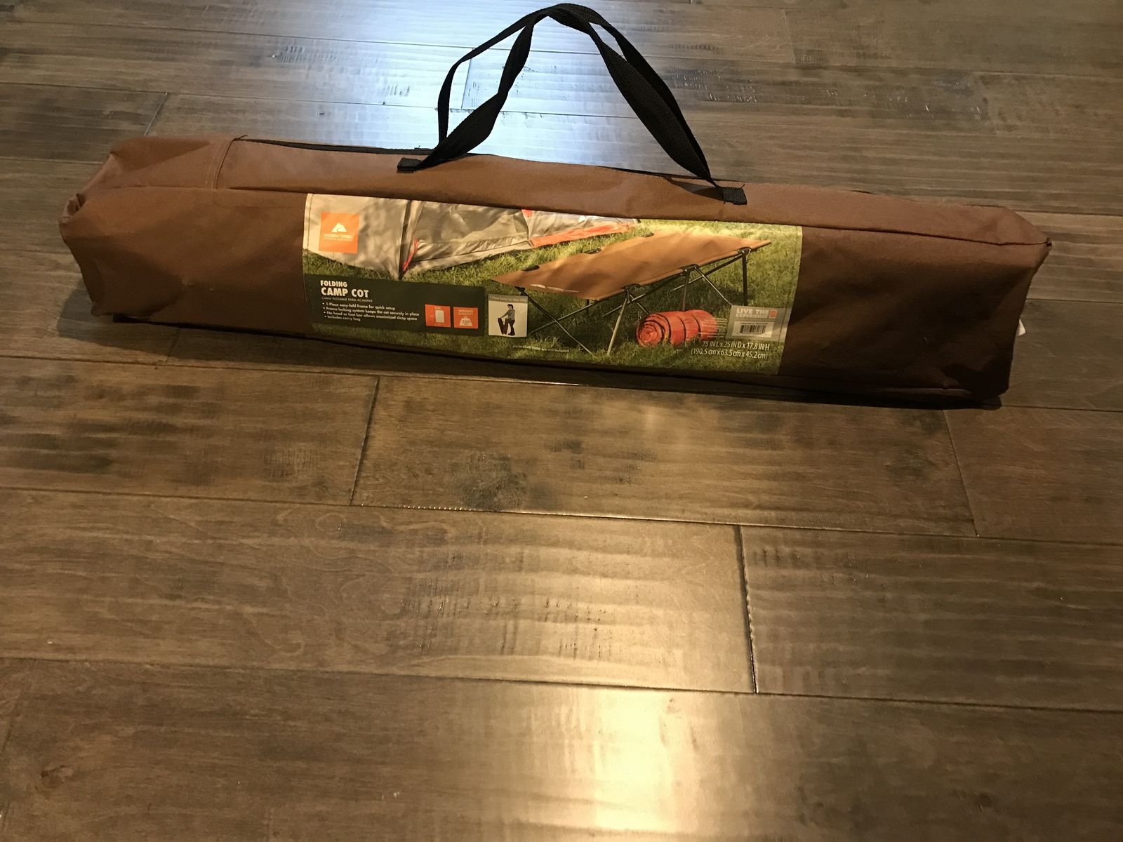 Ozark Trails camping cot.  Large: 75 in L, 25 deep, 17 inches high.