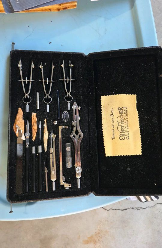 Vintage Ernst Fischer Drafting Compass Set - German Engineering Drawing Instruments in Fitted Case