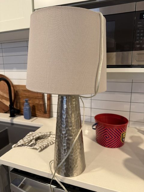 Hammered Silver Metal Table Lamp with Fabric Shade