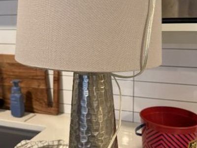 Hammered Silver Metal Table Lamp with Fabric Shade