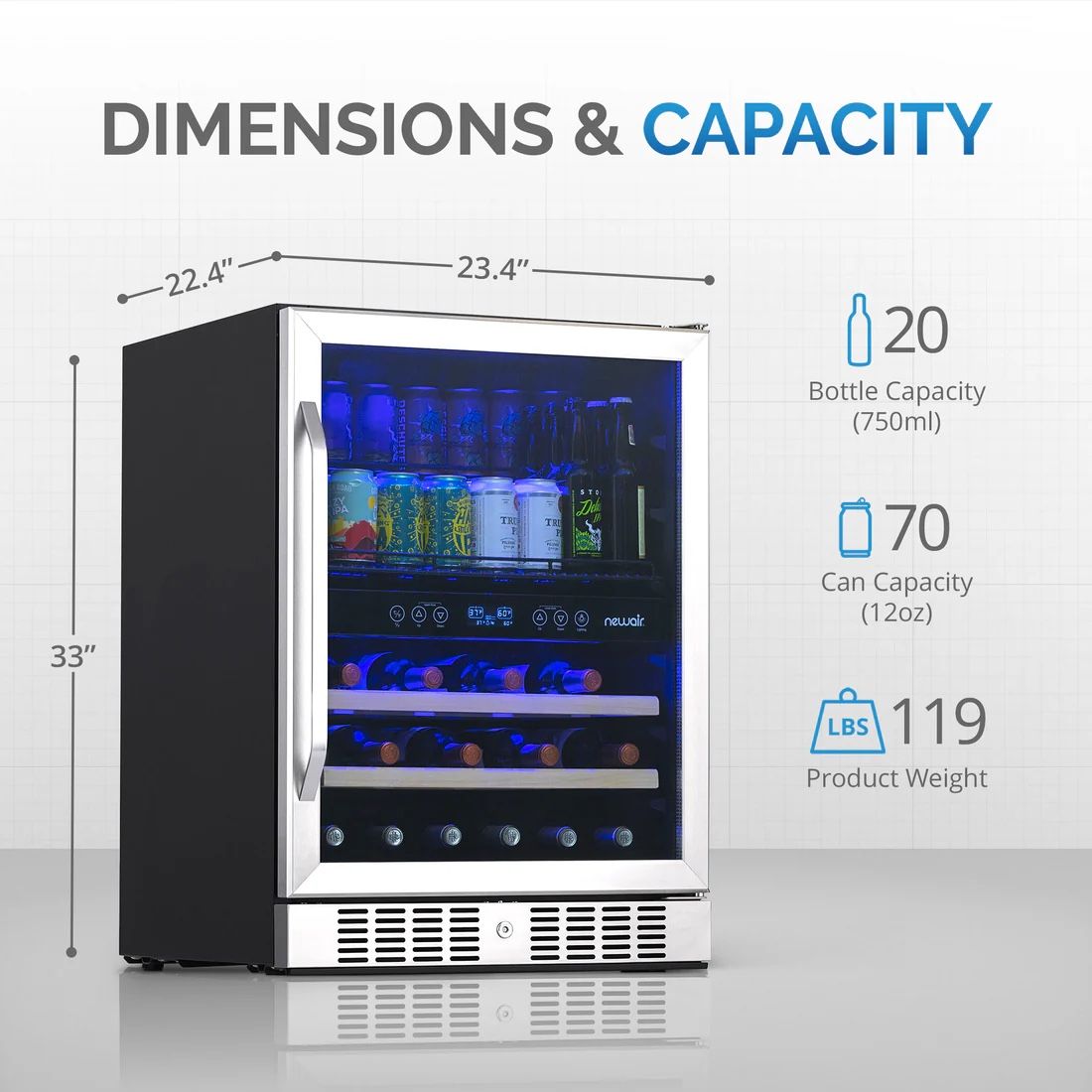 Newair AWB-400DB 24" Dual Zone Wine & Beverage Cooler - 20 Bottle/70 Can Capacity