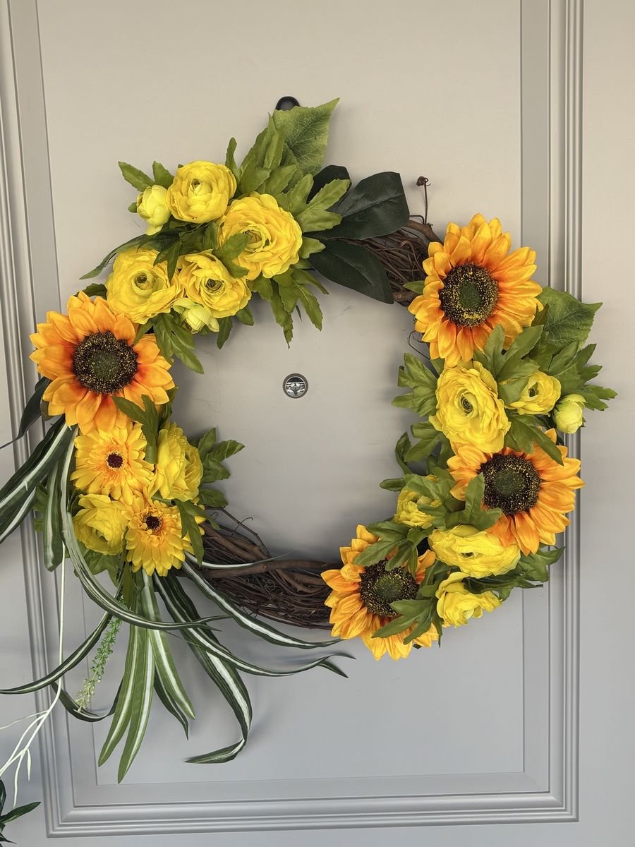 Handmade Yellow Sunflower & Ranunculus Wreath - Grapevine Base, Summer/Spring Decor