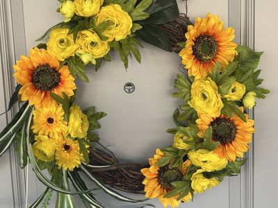 Handmade Yellow Sunflower & Ranunculus Wreath - Grapevine Base, Summer/Spring Decor