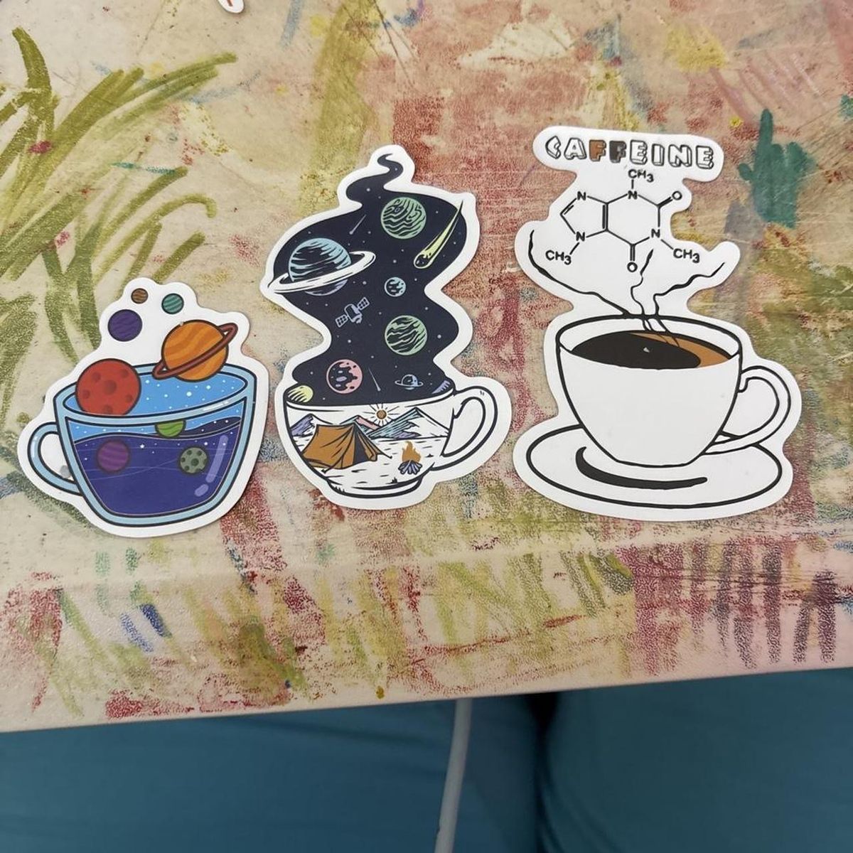 Unique Cup-Themed Vinyl Sticker Set - Space, Science & Caffeine Designs