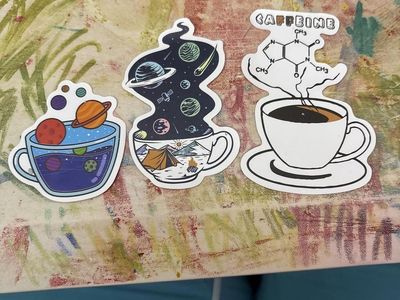 Unique Cup-Themed Vinyl Sticker Set - Space, Science & Caffeine Designs