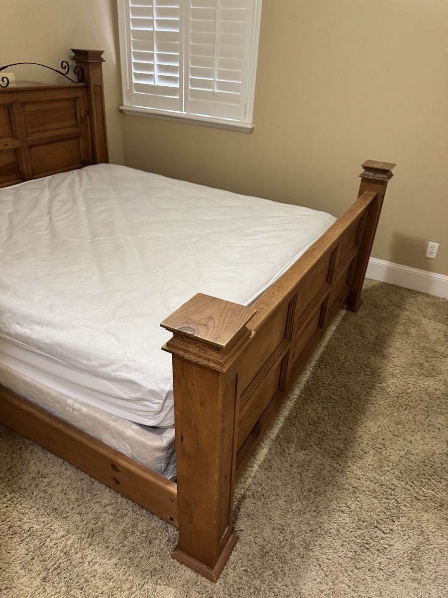 King Size Bed Frame, Mattress & Box Spring, Solid Wood & Cast Iron w/ Matching Nightstand